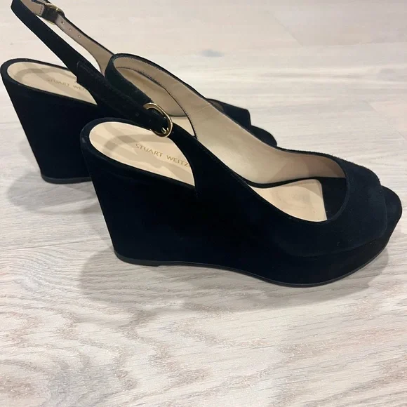 Stuart Weitzman Black Suede Slingback Wedges - Picture 2 of 7
